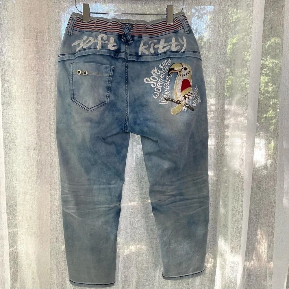 TwenySix Drawstring & Elastic Waist Jeans Embroidered Soft Kitty Large Size 10